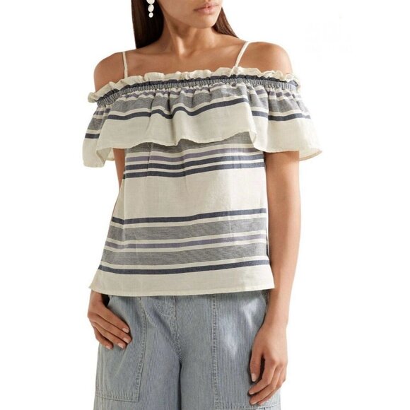 Splendid Cold Off Shoulder Blouse Large XL Striped Navy Ivory Ruffle Top Peasant - Picture 9 of 12